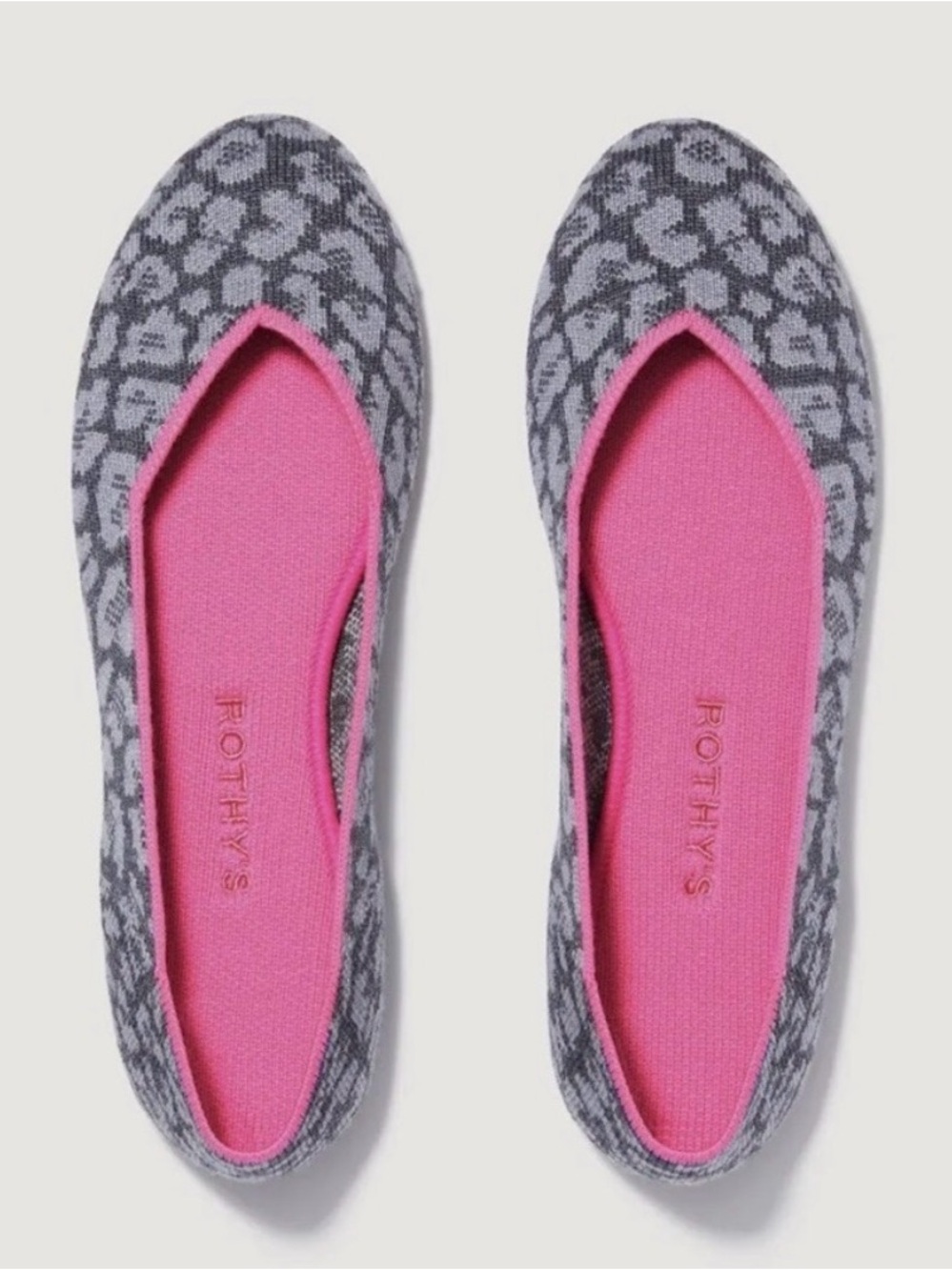 ROTHY’S Merino Wool Haze Grey Leopard Print Hot Pink Trim Round Toe Flats 9.5